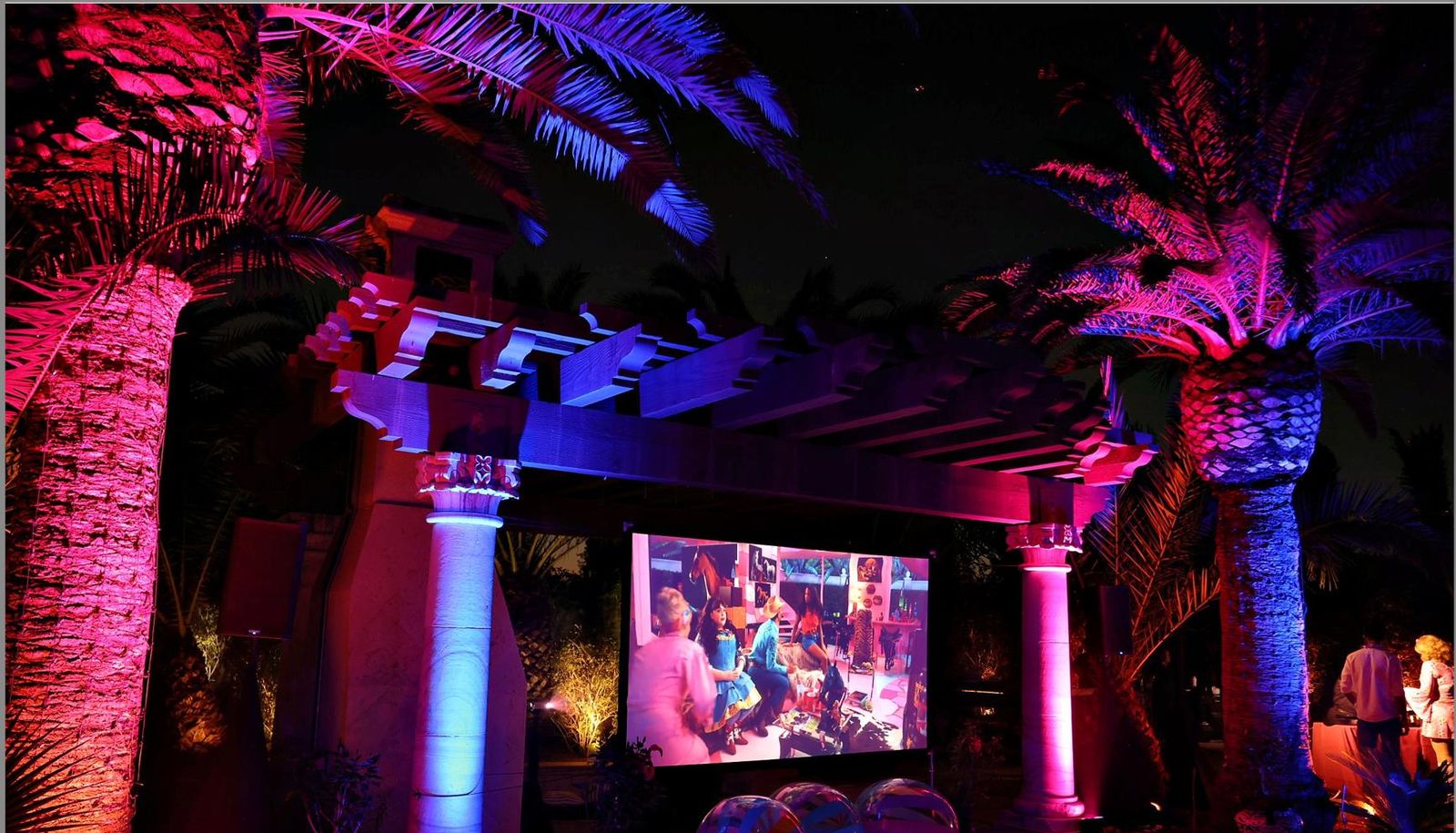 The venue lit up at night